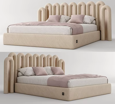 Cozy Modern Kids Bed With Curved Slat Headboard Beige Frame And Soft Pillows 3d model