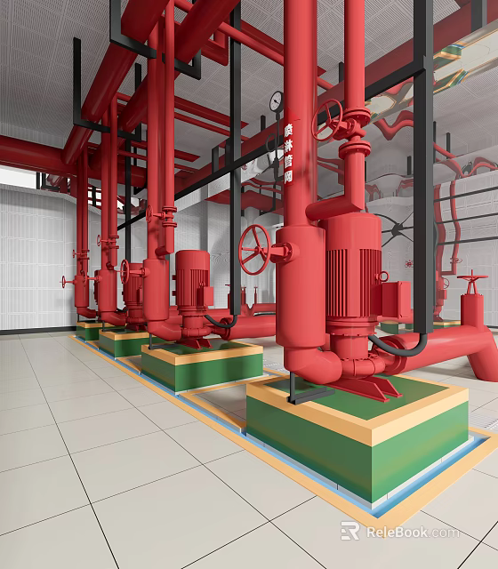 Red Industrial Pipes Valves And Pumps On Green Yellow Bases In Facility With White Walls 3d model 
