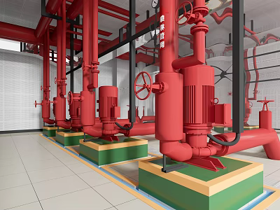 Red Industrial Pipes Valves And Pumps On Green Yellow Bases In Facility With White Walls 3d model