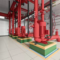 Red Industrial Pipes Valves And Pumps On Green Yellow Bases In Facility With White Walls
