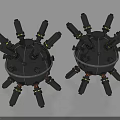 Two Black Mechanical Spheres With Multiple Tubular Protrusions And Industrial Design