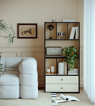 Simple Cream Style Decorative Cabinet Storage Cabinet Bookcase Book Decoration Combination Decorative Plant 3d model