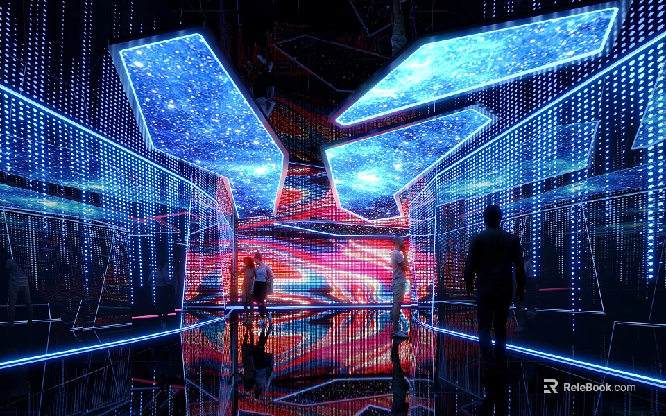 Modern Bar Interior Design With Starlit Ceiling Neon Lighting And Mirror Floor 3d model 