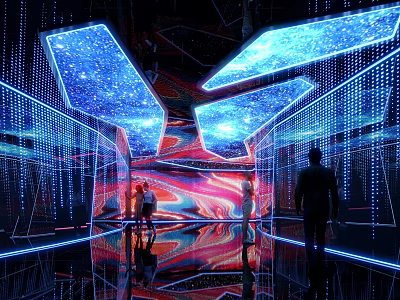 Modern Bar Interior Design With Starlit Ceiling Neon Lighting And Mirror Floor 3d model