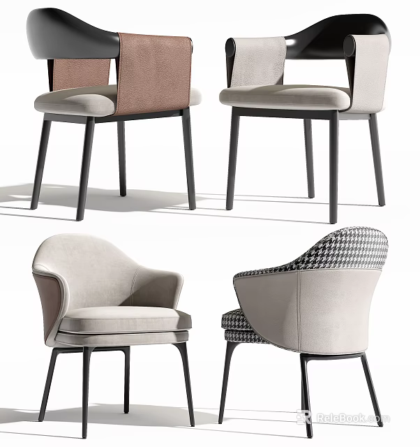 Modern Stylish Dining Chairs With Upholstered Seats Neutral Tones And Houndstooth Back Designs 3d model 