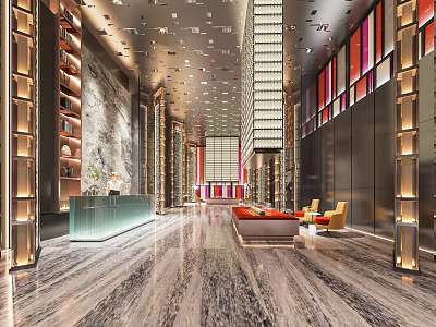 Modern Hotel Lobby With Marble Floor Reception Desk Red Yellow Sofas And Lighting Design 3d model