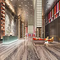 Modern Hotel Lobby With Marble Floor Reception Desk Red Yellow Sofas And Lighting Design