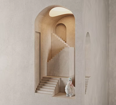 Minimalist Beige Wall Lamp In Interior Staircase With Arch Design And Warm Light 3d model