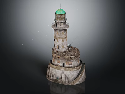 Weathered Lighthouse Architecture With Green Top And Multi Layered Structure On Rock Like Base 3d model