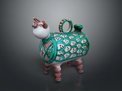 Intricate Animal Sculpture With Green Body Red White Patterns Colorful Legs And Decorative Ring Handle 3d model