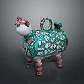 Intricate Animal Sculpture With Green Body Red White Patterns Colorful Legs And Decorative Ring Handle