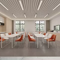 Modern Restaurant Interior Featuring Open Kitchen White Long Tables Orange Chairs And Large Windows