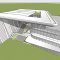 Contemporary Commercial Complex Featuring Glass Facades Metal Structures And Green Lawn
