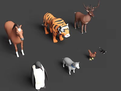 Diverse Animal Figurine Collection Featuring Horse Tiger Deer Penguin Cat and Chicken 3d model