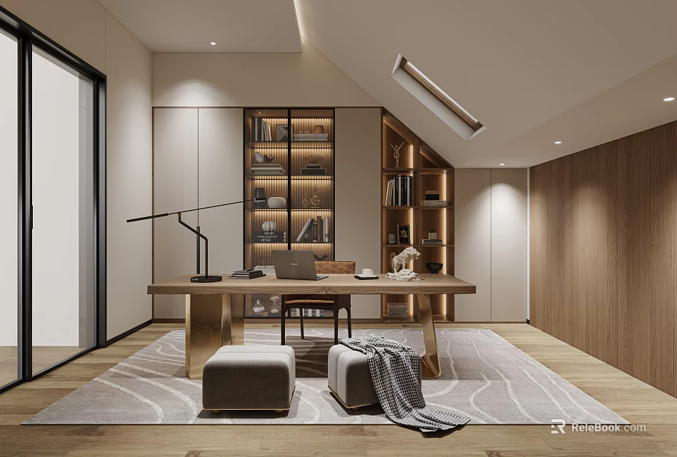 Modern Study Room Interior With Desk Bookshelves Ottomans And Skylight 3d model