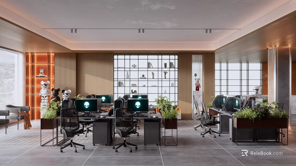 Modern Public Office Interior With Workstations Computers Green Plants And Large Windows 3d model 
