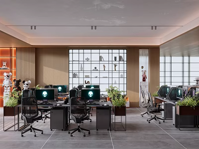 Modern Public Office Interior With Workstations Computers Green Plants And Large Windows 3d model