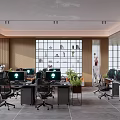 Modern Public Office Interior With Workstations Computers Green Plants And Large Windows 3d model