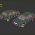 Two Classic Blue Sedans Parked On Dark Reflective Surface With Retro Design 3d model