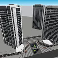 Modern High Rise Residential Buildings With Glass Facade Plaza And Pedestrians