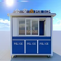 Blue And White Police Booth With Public Security Signage And Windows