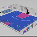 Colorful Text Transparent Fenced Basketball Court With Blue Pink Floor Hoop And Benches
