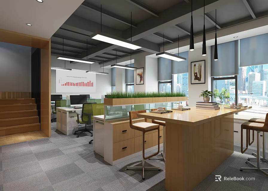 Modern Public Office Space With Open Layout Workstations Pendant Lights And City View 3d model