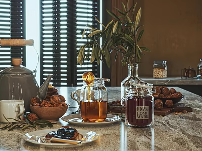 Homemade Bread With Honey Nuts And Glass Jars On Kitchen Counter With Olive Branch 3d model