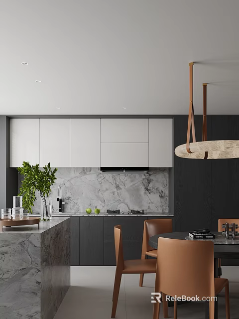 Modern Restaurant Kitchen Interior With Marble Countertop White Cabinets Hanging Pendant Light And Green Plant 3d model 