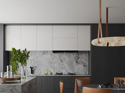 Modern Restaurant Kitchen Interior With Marble Countertop White Cabinets Hanging Pendant Light And Green Plant 3d model