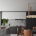 Modern Restaurant Kitchen Interior With Marble Countertop White Cabinets Hanging Pendant Light And Green Plant