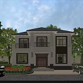 Two Story Detached Villa Exterior With Green Trees Red Flowers And Parked Cars