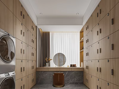 Modern Laundry Room With Wooden Cabinets Washing Machine Dryer Marble Countertop Mirror And Window Curtains 3d model