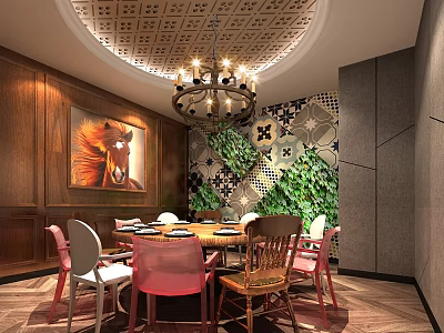 Restaurant Interior With Round Dining Table Colorful Chairs Chandelier Horse Painting And Green Decorative Wall 3d model