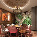 Restaurant Interior With Round Dining Table Colorful Chairs Chandelier Horse Painting And Green Decorative Wall