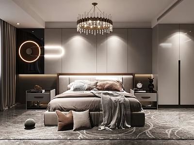 Elegant Modern Bedroom Interior With Chandelier Bed Pillows Blanket And Area Rug 3d model