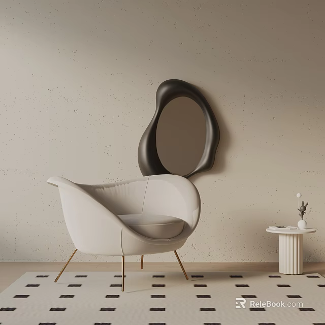 Light Colored Accent Chair With Metal Legs And Black Irregular Mirror On Light Wall 3d model 