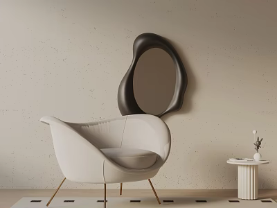Light Colored Accent Chair With Metal Legs And Black Irregular Mirror On Light Wall 3d model