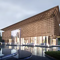 Modern Sales Office Building Exterior Design With Glass Curtain Wall And Water Feature