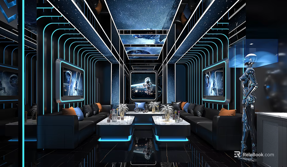 Modern Futuristic KTV Room With Starry Ceiling Blue Lighting Sofas Coffee Tables And Astronaut Paintings 3d model 