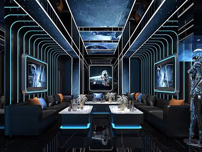 Modern Futuristic KTV Room With Starry Ceiling Blue Lighting Sofas Coffee Tables And Astronaut Paintings 3d model