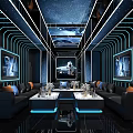 Modern Futuristic KTV Room With Starry Ceiling Blue Lighting Sofas Coffee Tables And Astronaut Paintings