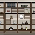 Wooden Antique Display Shelf With Books Scrolls Ceramic Vases Decorative Figurines And Small Plants