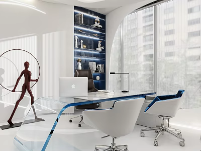 Modern Open Office Interior With Glass Desk White Chairs Blue Accents Bookshelf And Floor-to-Ceiling Windows 3d model