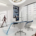 Modern Open Office Interior With Glass Desk White Chairs Blue Accents Bookshelf And Floor-to-Ceiling Windows