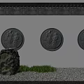 Traditional Building Exterior Wall with Circular Figure Relief Carvings and Garden Rocks Grass and Pine