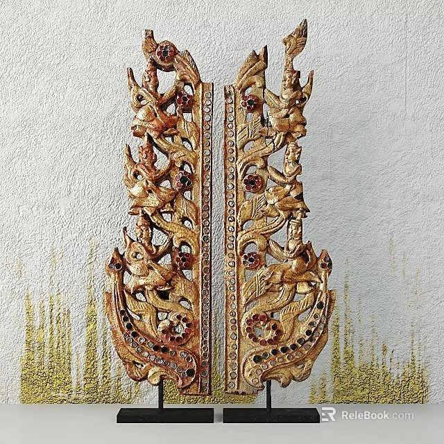 Traditional Golden Carved Ornament Set With Intricate Patterns And Mythical Figures Design 3d model 