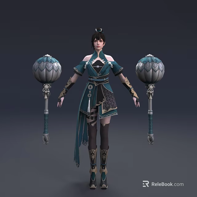 Game And Movie Character In Blue Green Traditional Outfit With Lotus Shaped Lantern Props 3d model 