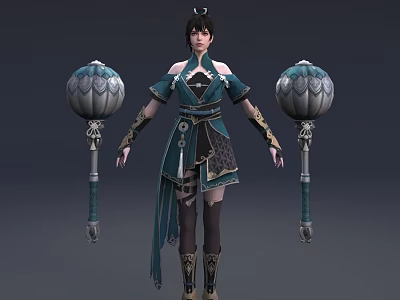 Game And Movie Character In Blue Green Traditional Outfit With Lotus Shaped Lantern Props 3d model