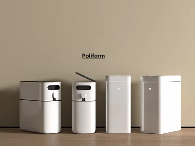 White Poliform Household Storage Containers On Wooden Floor With Light Wall 3d model